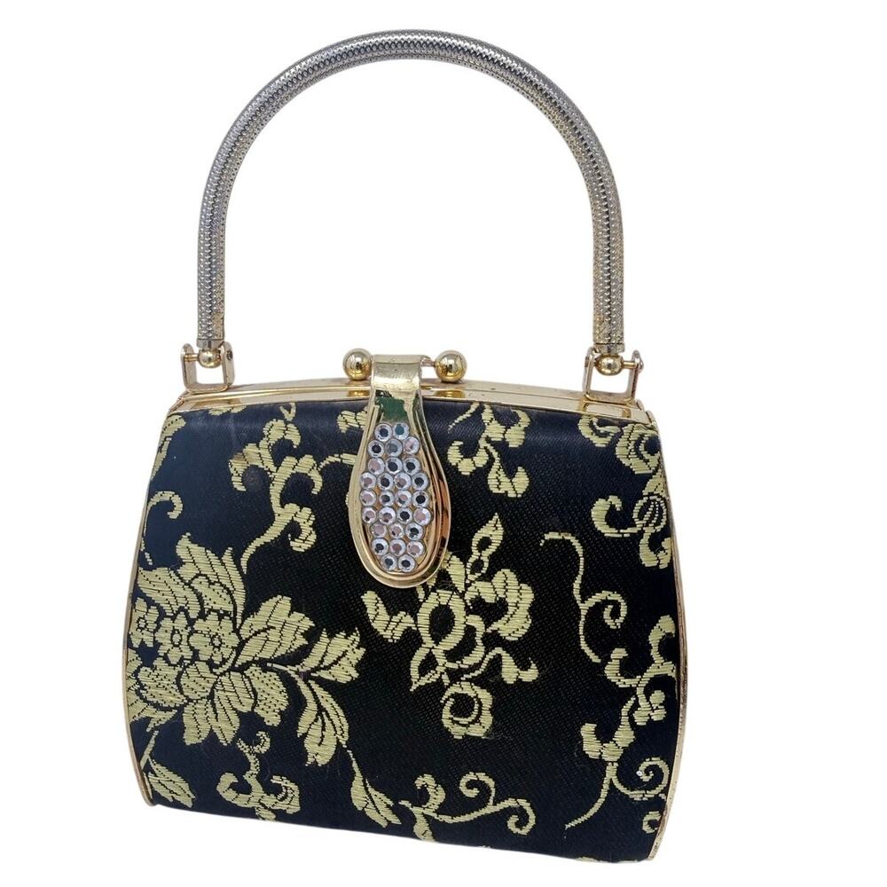 Mini Black Gold Fabric Brocade Handbag Metal Frame Evening Purse